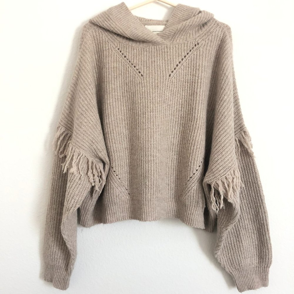 Anthropologie Sweater Womens XL Beige Hooded Alpaca Wool Yak Oversized Fringe